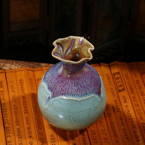 新款 优质手工陶瓷工艺品 创意波纹口彩釉陶瓷花瓶家居装饰摆.